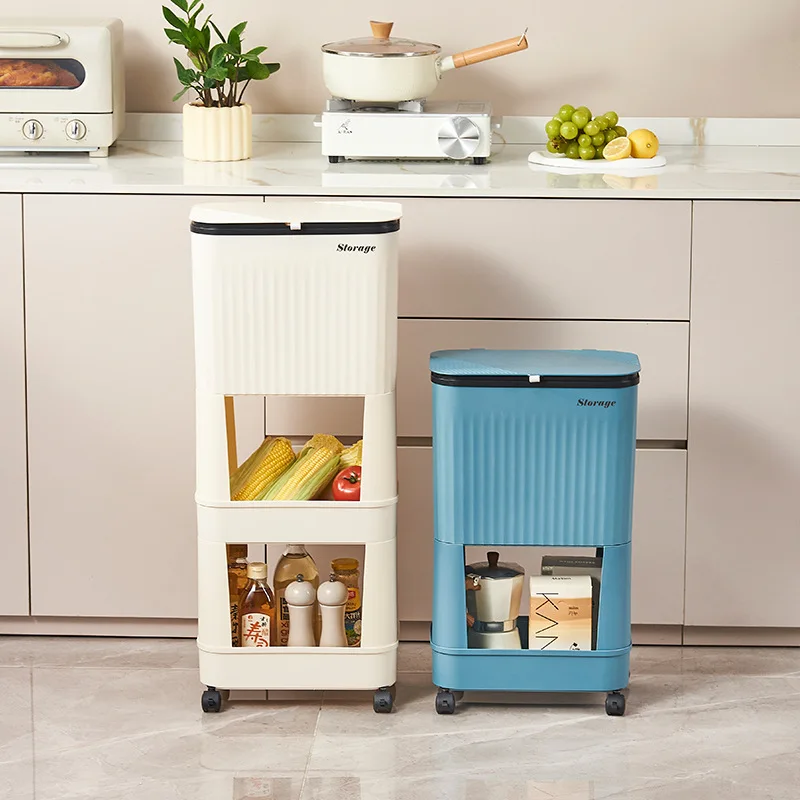 High Capacity Kitchen Trash Can No Bending Lid Japanese Style Double Layer Movable Storage Rack No Bending Required