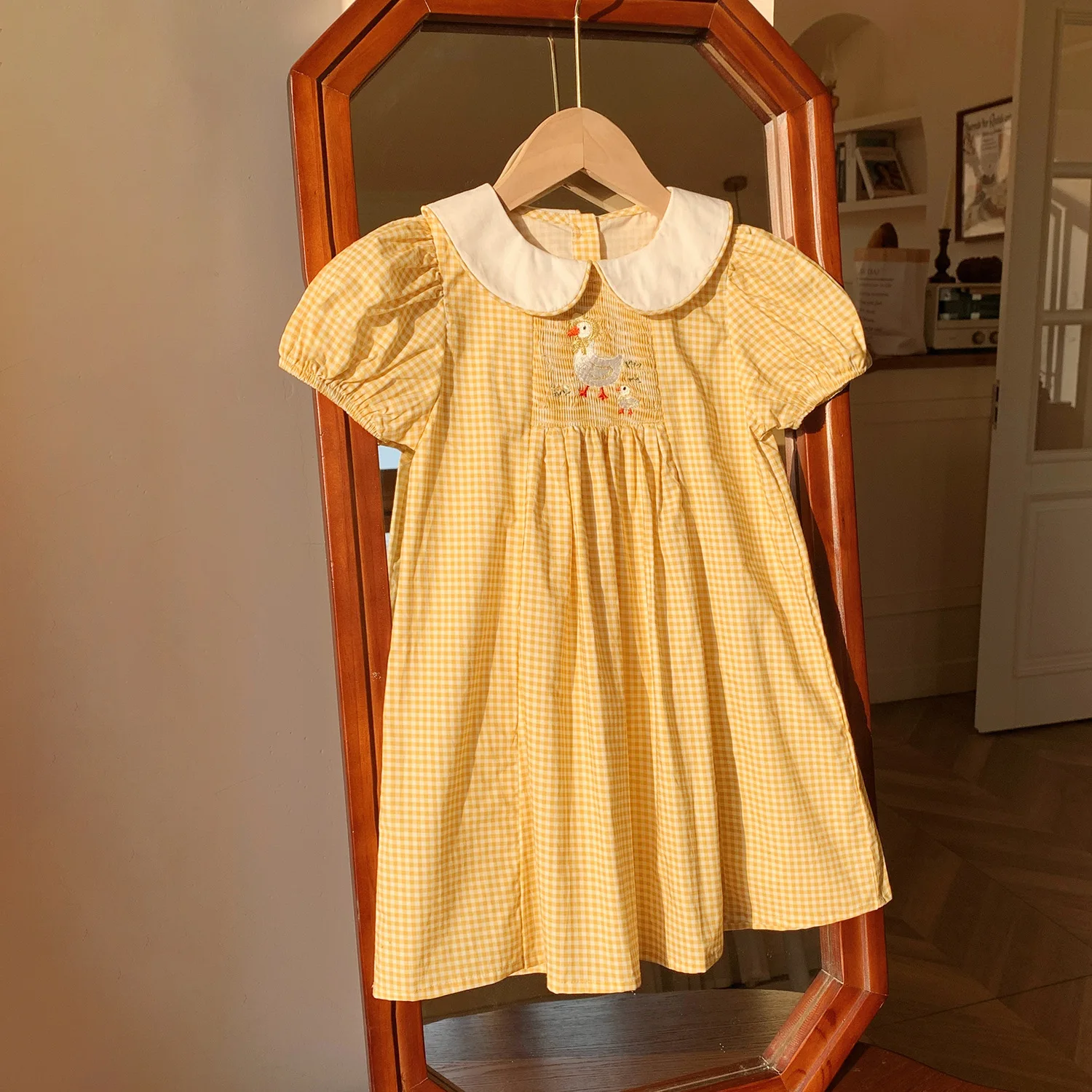 1-8y Girls Summer Yellow Dress Embroidery Duck Pattern Peter Pan Collar Puff Sleeve Cotton Dresses Cute Kids Casual Vestidos