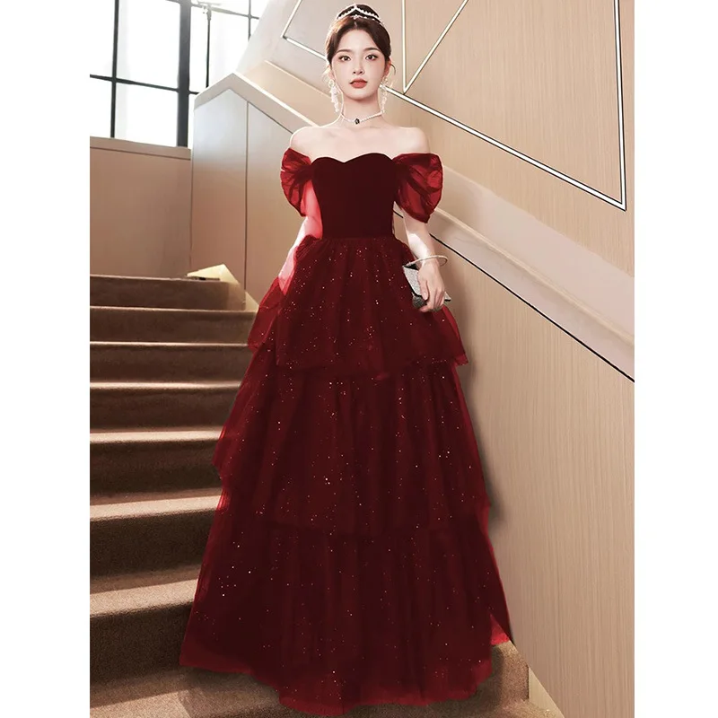 Wine Red Tulle Toasting Attire Women Off Shoulder Sequin Tiered Banquet Evening Dresses Exquisite Elegant Performance Gown