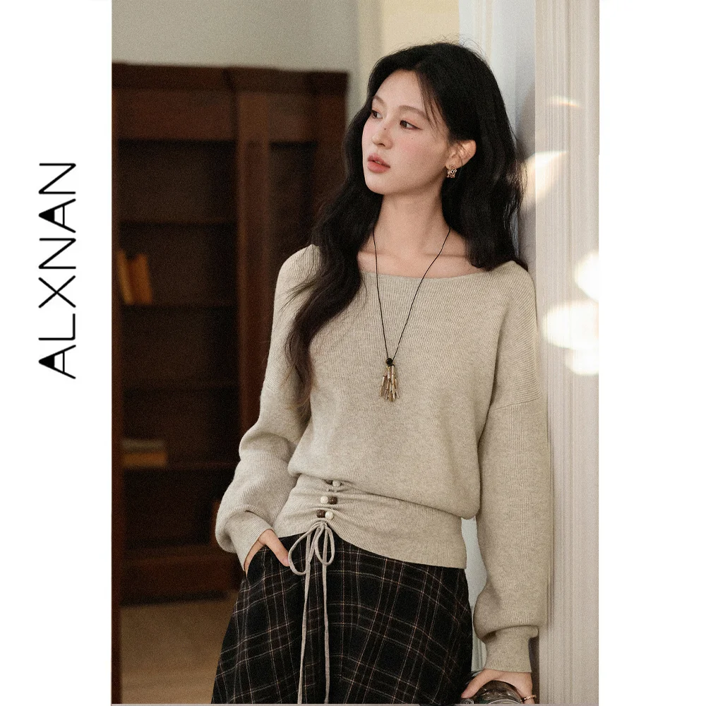ALXNAN Women's Knit Pullover Oatmeal Long Sleeve Women's Clothes Boat Neck Drawstring Waist New Autumn 2026 Knitwear L68809