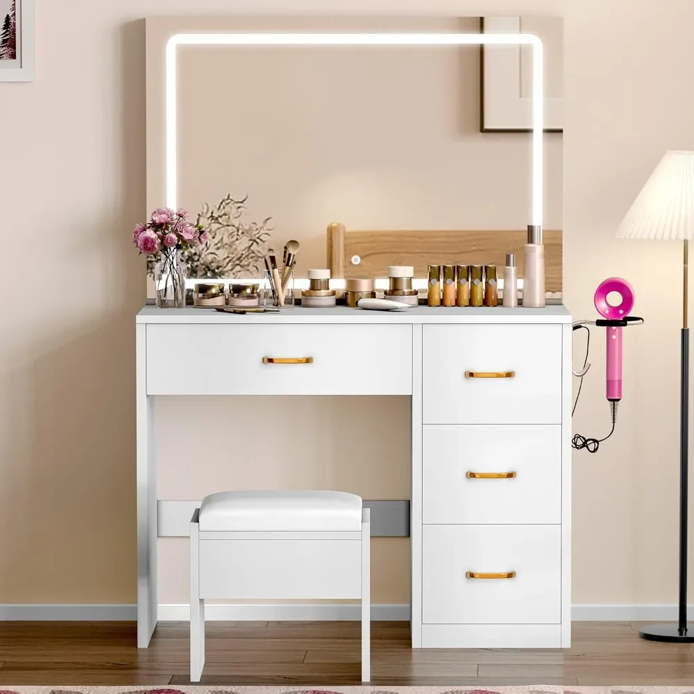 Vanity Desk with Large LED Mirror, Power Outlet, 3 Lighting Modes, 4 Drawers, and Cushioned Stool for Bedroom