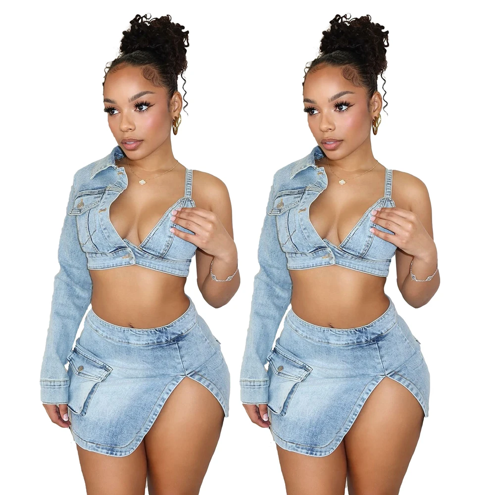 Women Jean Outfit Sexy Asymmetrical One Shoulder Bra Jacket and Mini Split Skirt Set 2024 Summer Femme Denim 2 Two Piece Sets