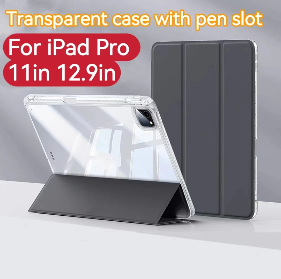 For iPad Pro 11 12.9in Tablet Case 2023 Tablet 2022 pen slot Transparent bottom Three Fold support sleep protection case