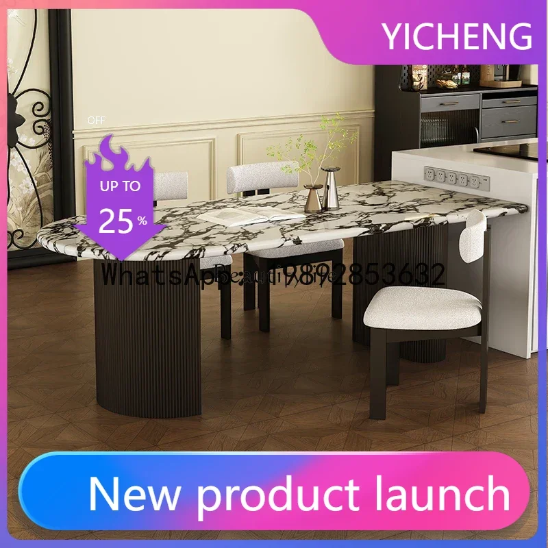 

marble dining table rock slab solid wood new light luxury stone simple semi-round dining table