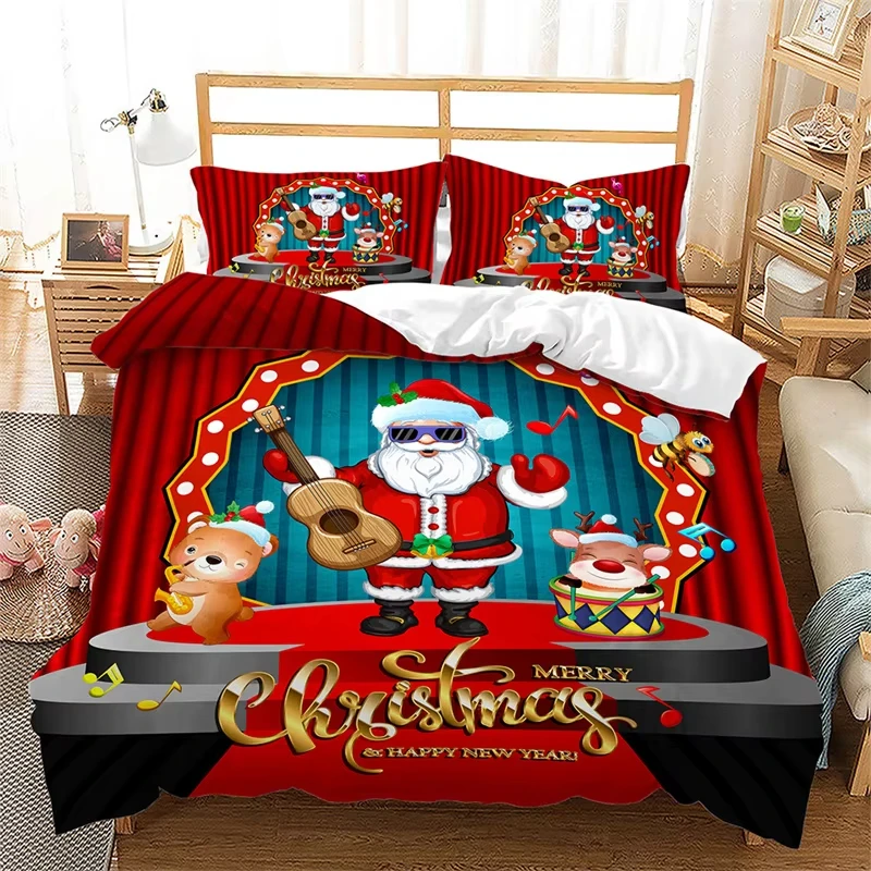 Merry Christmas Duvet Cover Cartoon Deer Santa Claus Bedding Set Twin Queen Microfiber Xmas Theme New Year Red Comforter Cover