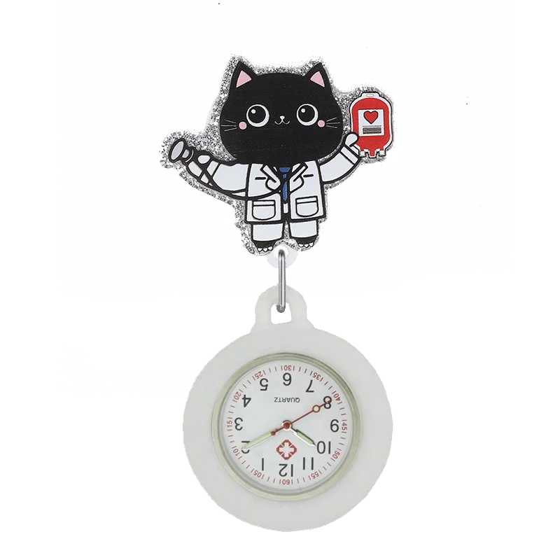 YIJIA Cute Cat Scan Pet Hospital Nurse Doctor Retractable Badge Reel Pocket Watches with Silicone Case for Animal Veterinarian