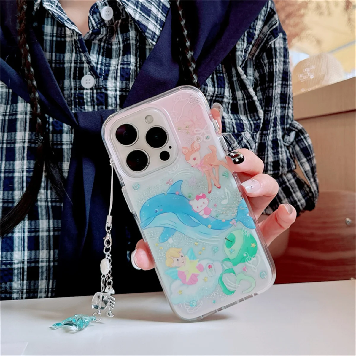 

Cute Diamond Dolphin Hello Kitty Deer Phone Case For iPhone 16 Pro 15 14 13 12 Pro Max Cover with Chain Fashion Cartoon Cases