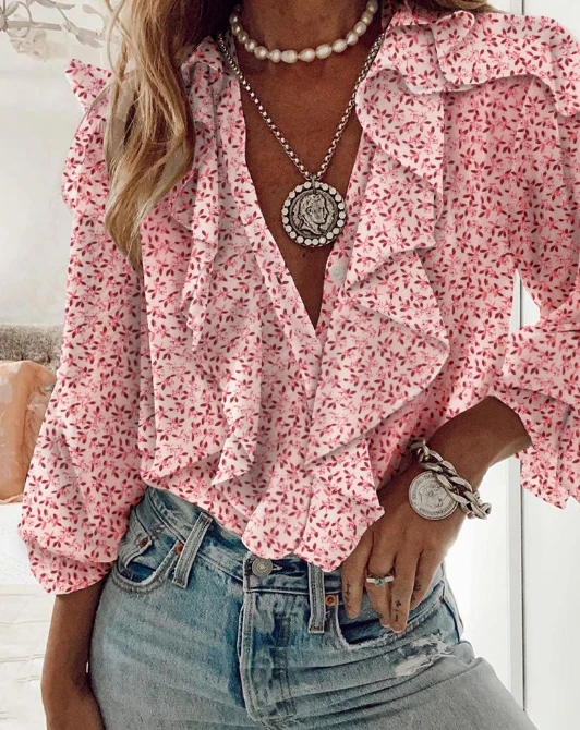 

Women's Casual 2024 Elegant Fashion Spring and Summer Versatile Small Floral Print Long Sleeved Ruffled Edge Top