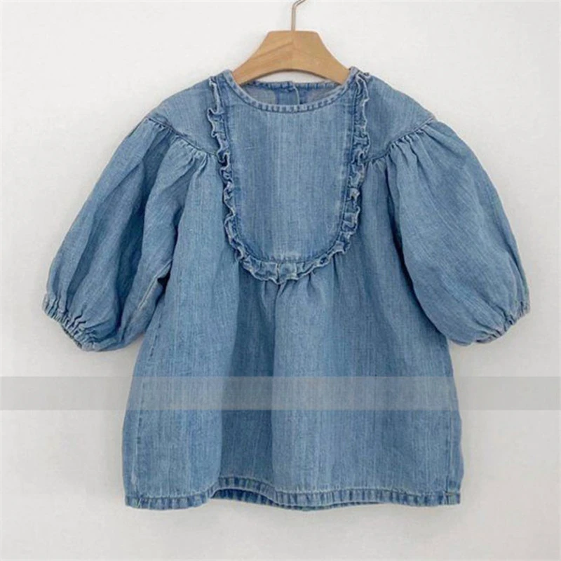 

2025 New Spring Kids Dress Children Cute Lace Bubble Sleeves Loose Denim Doll Skirt Simple Style