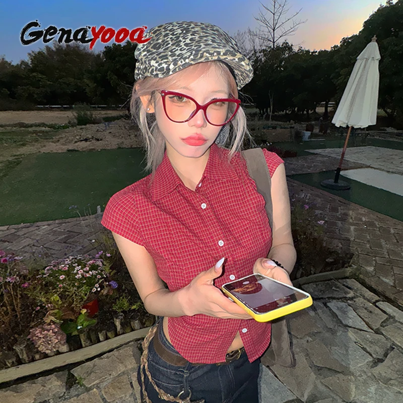 

Genayooa винтажная клетчатая рубашка женская повседневная рубашка с коротким рукавом Y2k японская блузка и рубашка 2000-х годов Fairycore футболки уличная одежда