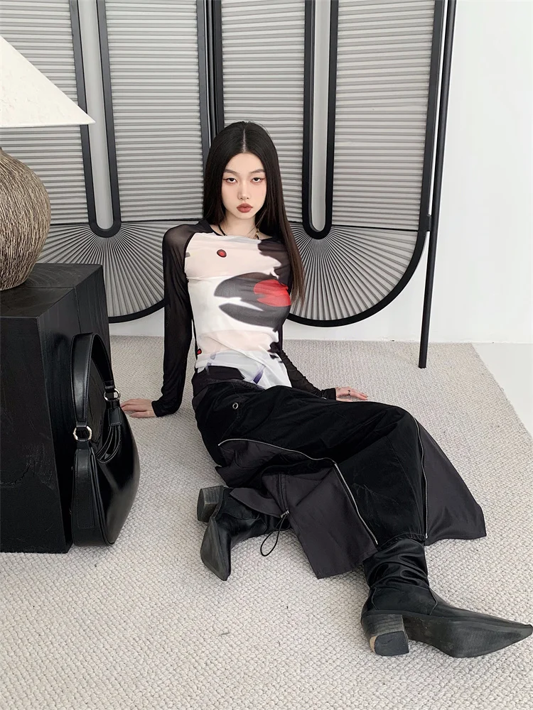 Yedinas Patchwork See Through Mesh Tops Spring Summer T Shirt Women Long Sleeve Y2k Streetwear Design Tee Shirt Femme Chic 2023