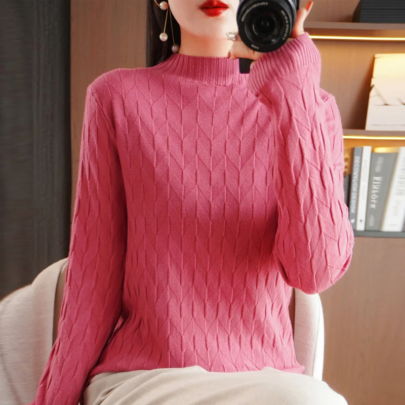 Autumn Winter New Knitwear Women's Half High Neck Long Sleeve Pullover Loose Solid Color Jacquard Simple Comfortable Knitwear