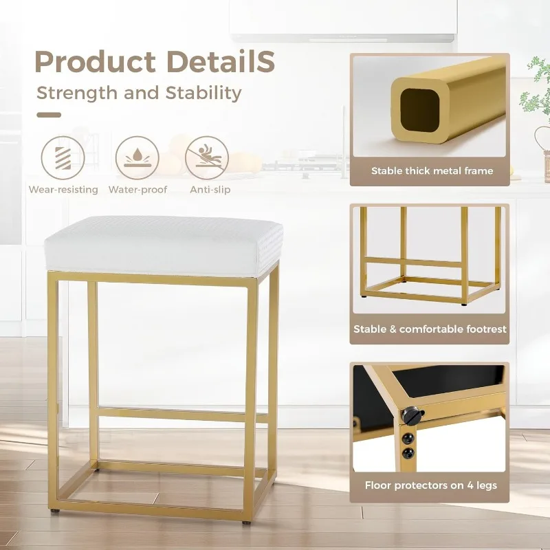 Conjunto de 3 bancos de bar Art |   branco e dourado com moldura de metal e interior em couro sintético |   Banco de bar de cozinha 24 "