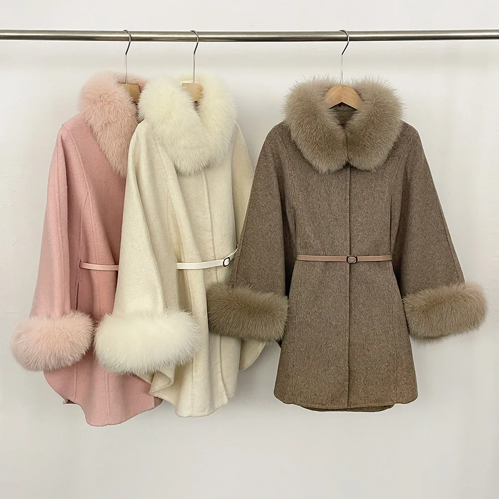 90% Australian Wool Double-sided Wool Coat Cloak for Women Natural Fox Fur Collar & Cuff Lady Belt Mid-length Warm Wool Outwear
