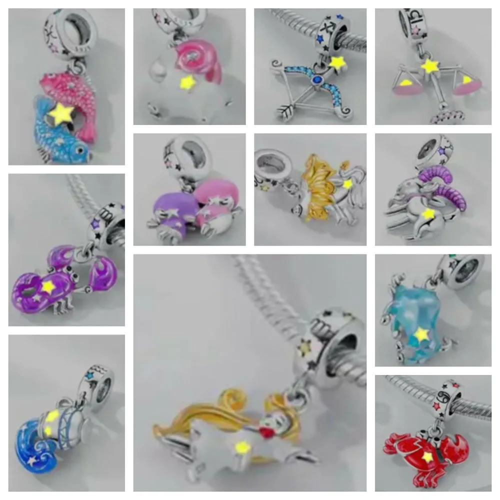 Glow-in-the-dark constellation Pendant 925 Silver Fits Original Women Bracelet Luminous Zodiac Signs Charm Bead DIY Jewelry Gift