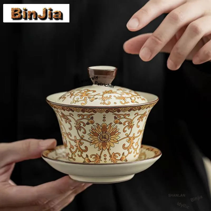 

150 мл китайский фарфор Ru Kiln Gaiwan винтажный золотой цветок благословение чайная вареньница чайник крышка чаша набор украшения аксессуары