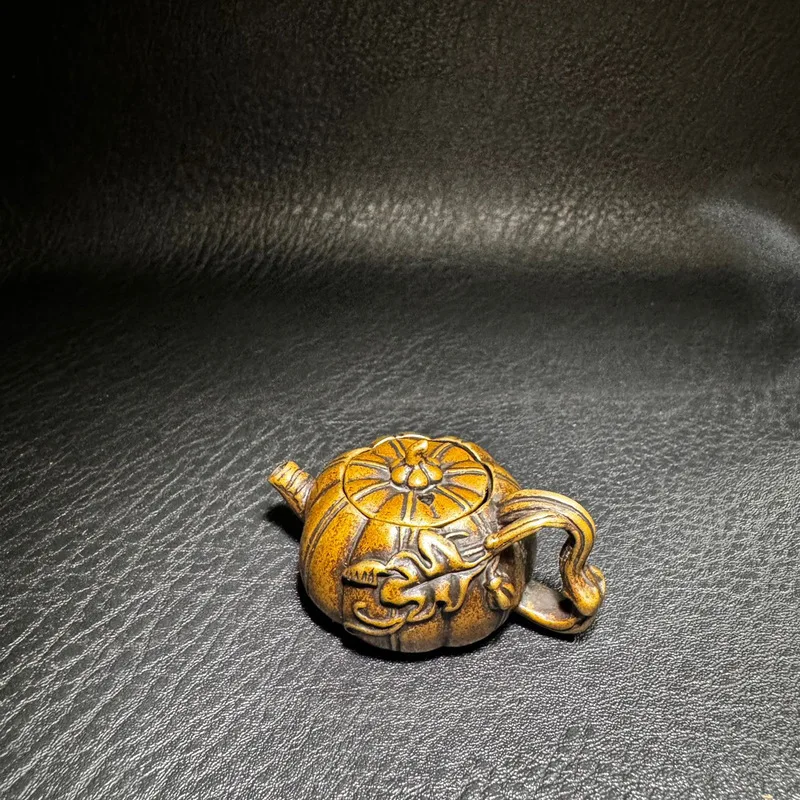 Antique-style mini copper teapot with pumpkin-shaped handle and water drop design