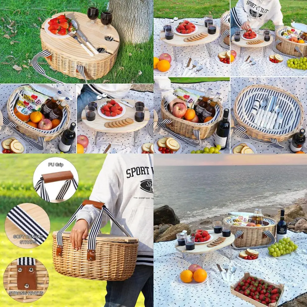 

Стильный набор для пикника: плетеная корзина с термоизоляцией, складной стол и сумка-холодильник в полоску для активного отдыха на природе