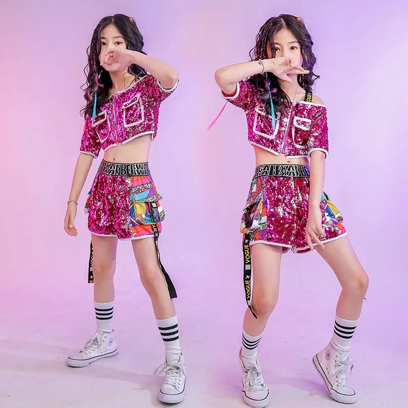 Hip Hop Clothes For Girls Sequins Rose Shirt Tops Short Pants Carnaval Costumes For Kids Jazz Ballroom Dancing Clothes Wear