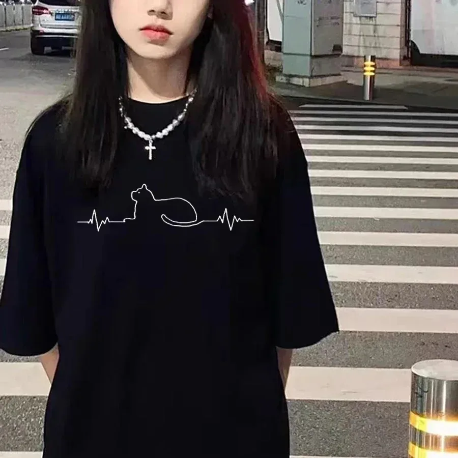 

Cute Cartoon Cat Print Women's T-shirt Casual Loose Short-sleeved T-shirt Fun Print Street Wear for Women Graphic T Shirts Y2K