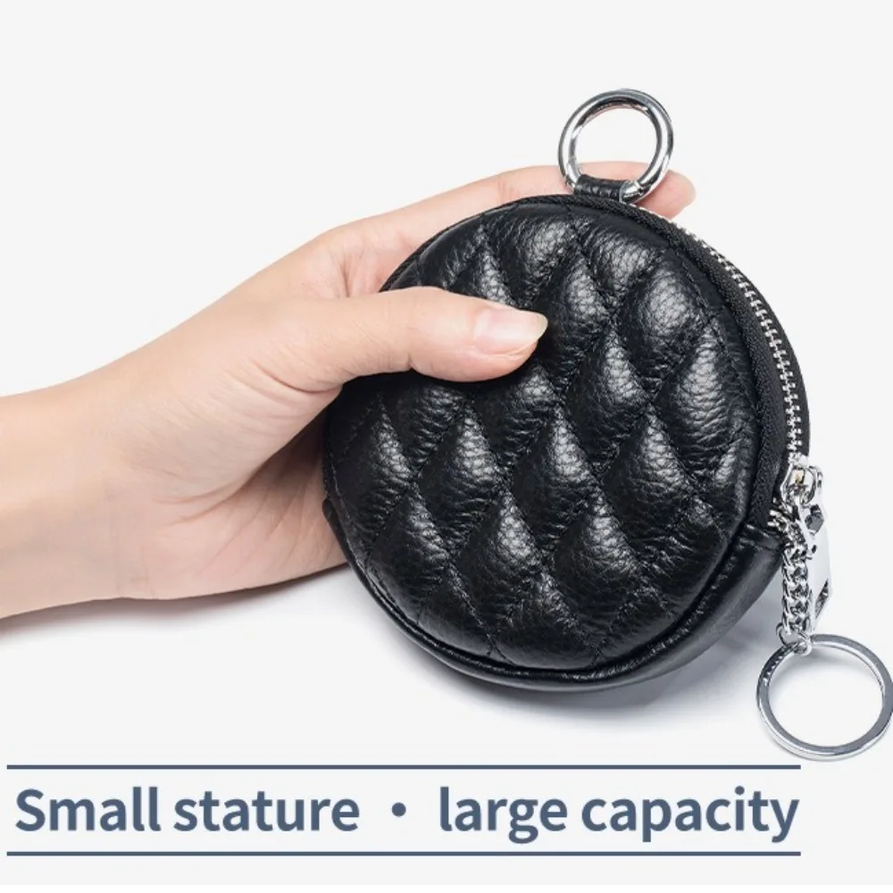 Genuine Leather Round Coin Purse Pendant Earphone Pouch Car Keychain Mini Bag Key Ring with Zipper Portable Card Holder Bag Case