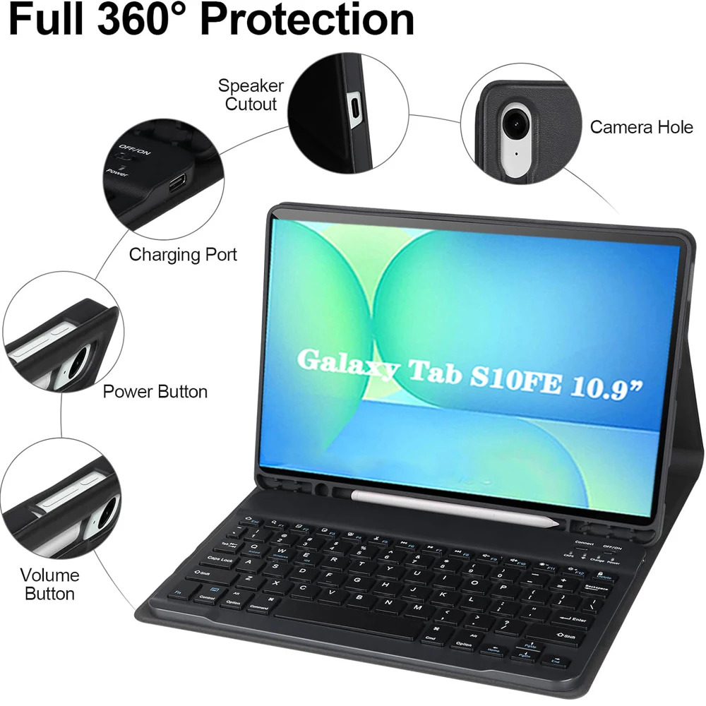 Funda para Samsung Galaxy Tab S10 FE de 10,9 pulgadas, funda para teclado para Samsung Galaxy Tab S10 FE de 10,9 pulgadas 2025 SM-X520/X526/X526B