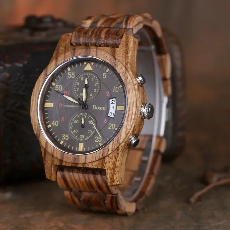 Fashion casual simple men style strap Wooden watch three eye six stitches leisure chronograph activity quartz Wood watches