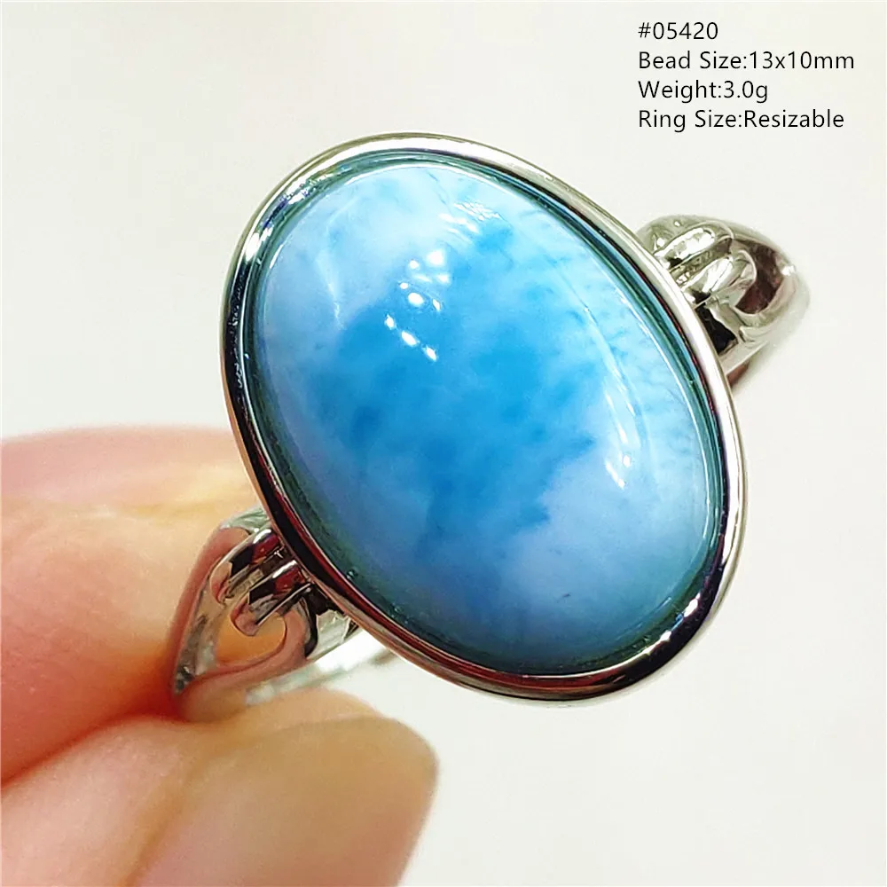 Natural Blue Larimar Oval Adjustable Ring Jewelry Water Pattern Real Larimar For Women Men Healing Fashion Stone AAAAAA