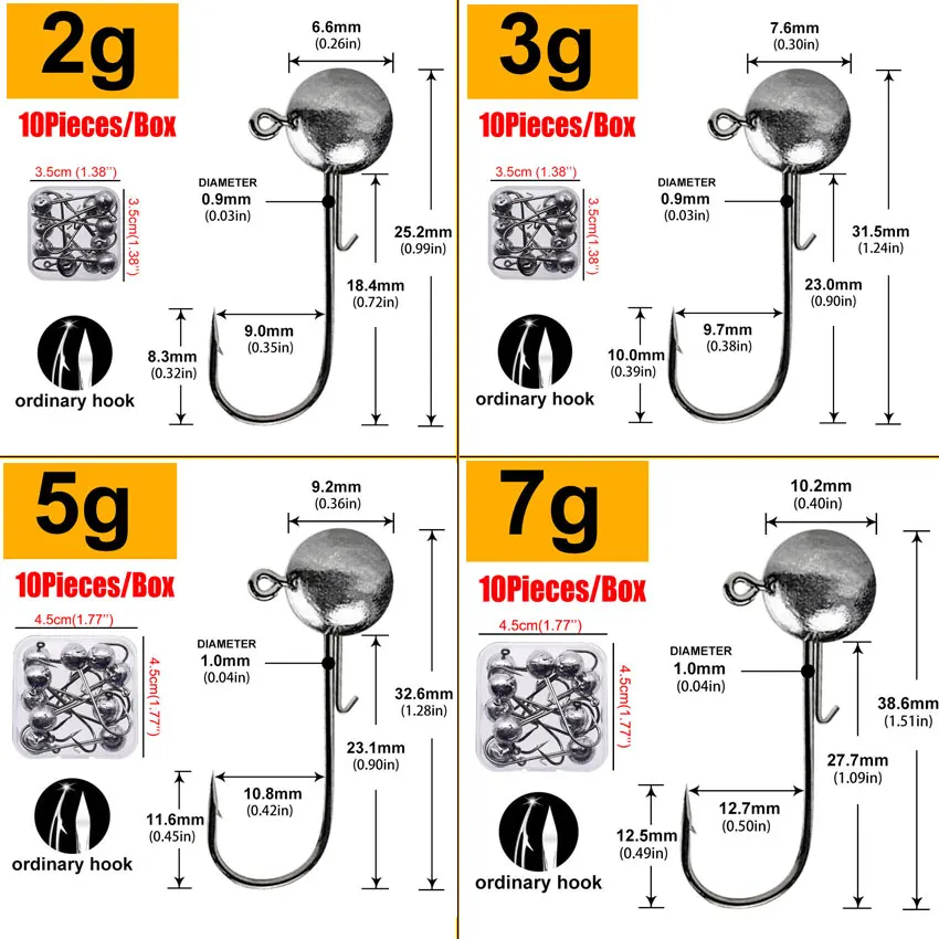 JYJ 2g 3g... 20g 10 ชิ้นกล่อง Rigging head hook สําหรับตกปลาหนอนเหยื่อล่อ, Bass pike perch ตกปลา jig head hook