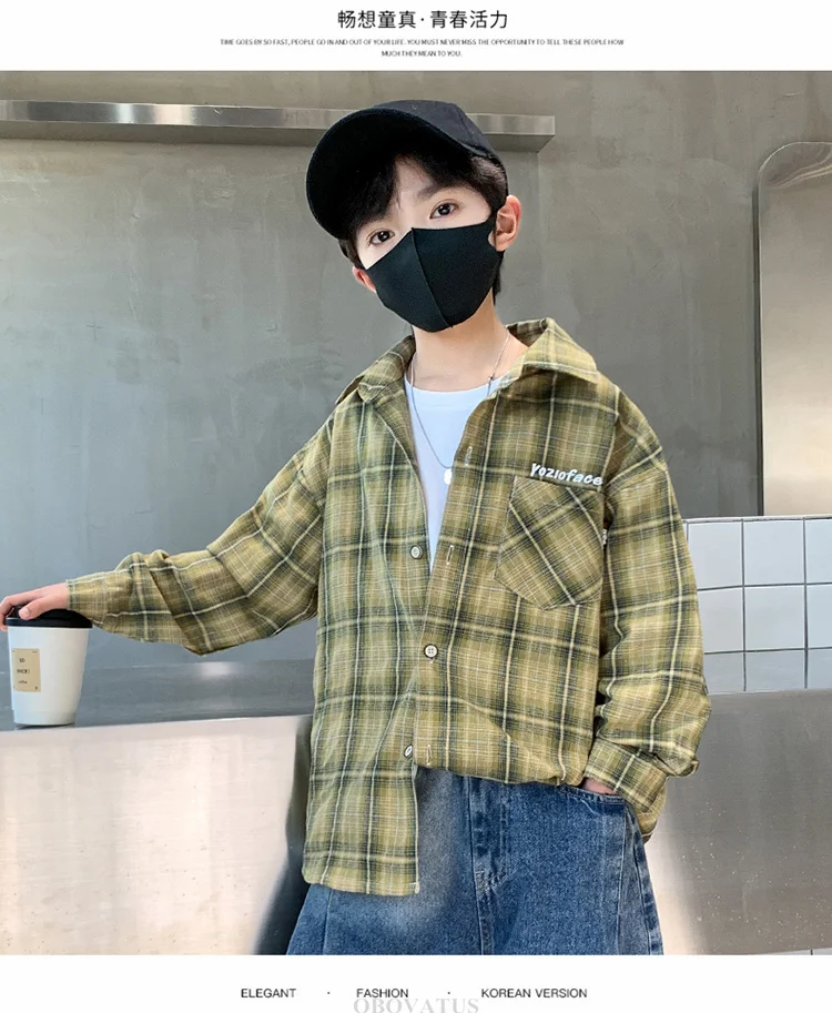 Frühlings-Herbst-Jungenhemd mit Karomuster und Tasche, Langarm, Koreanischer Casual-Stil, Baumwollbluse für größere Kinder, Coole Streetwear für Kinder – Detail 9