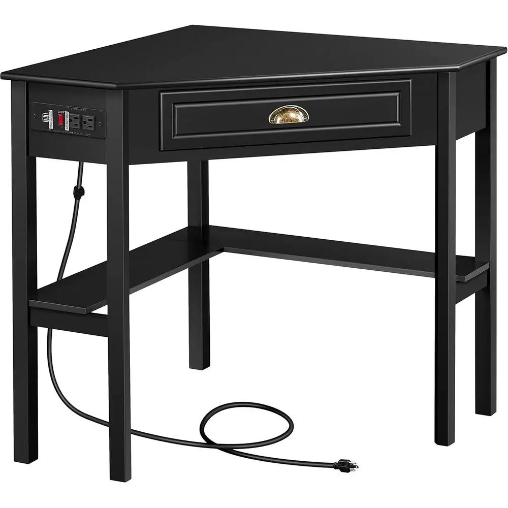 

Black 90-Degree L-Shaped Desk with Charging Outlets and Storage for Home Office or Living Room