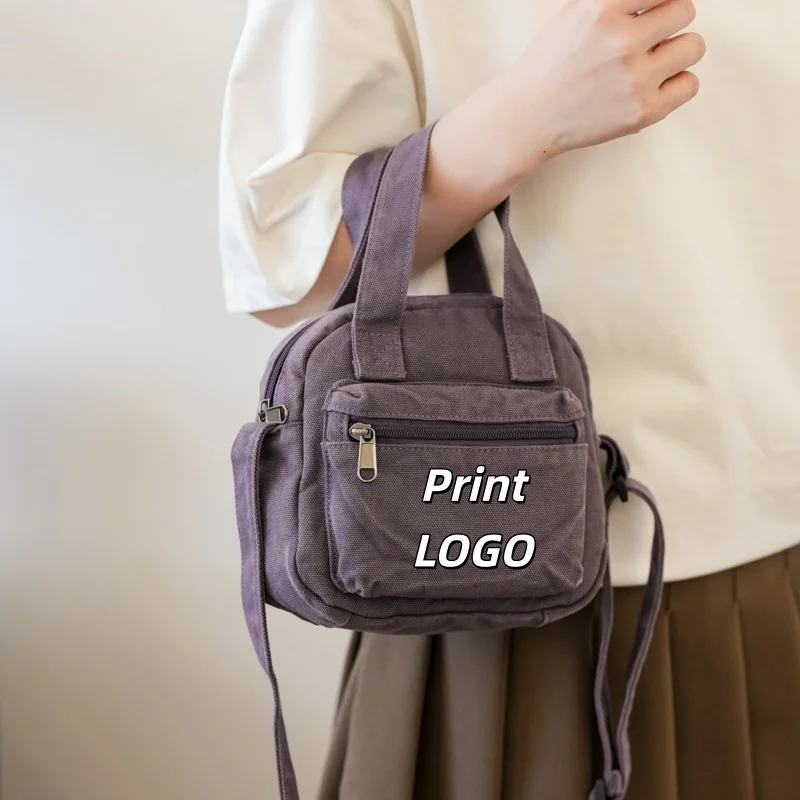 Custom Print Logo Mini Canvas Crossbody Bag Multi-purpose Casual Tote Handbag Adjustable Strap Washed Cotton Shoulder Bag Women