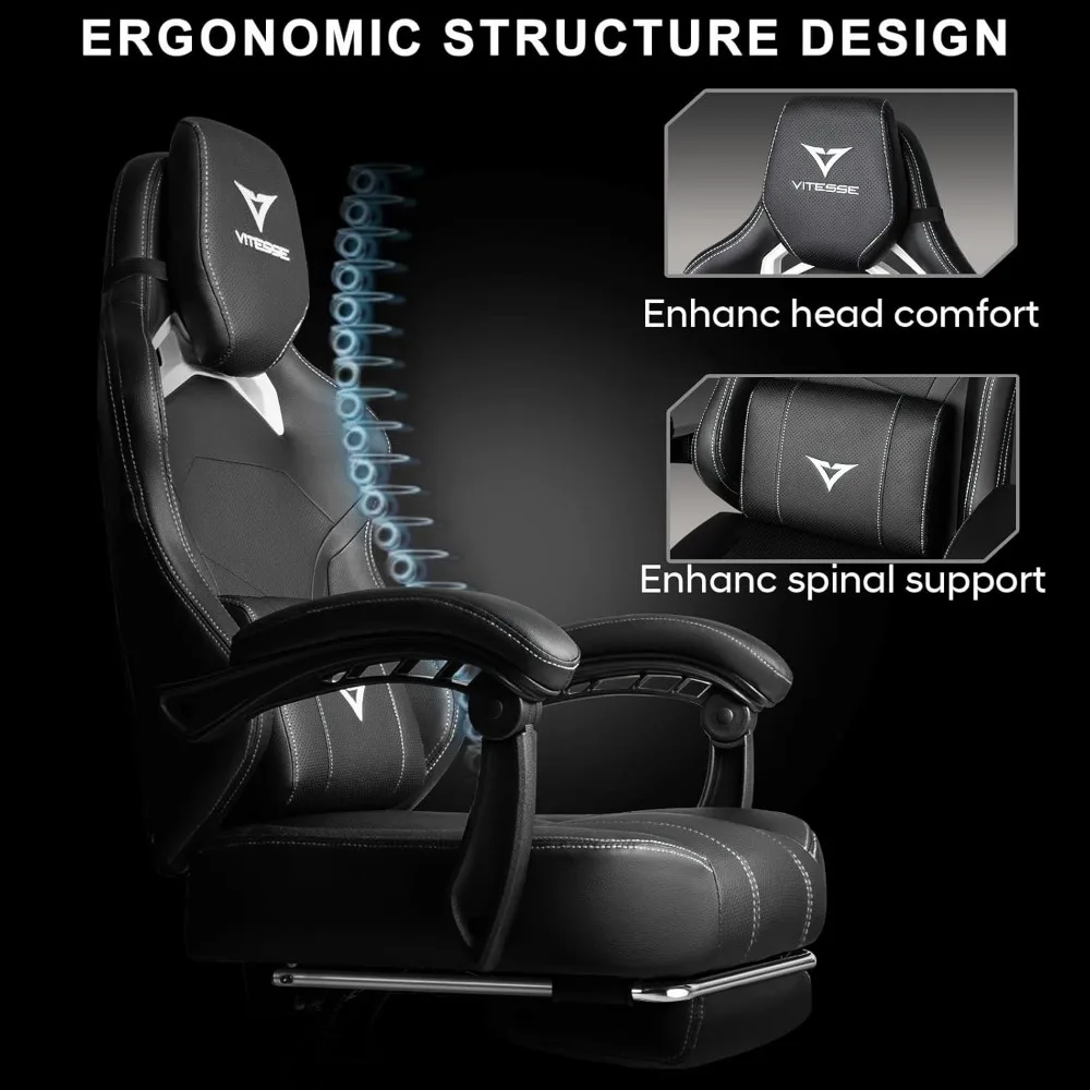 Silla ergonómica para juegos para adultos con reposacabezas de gran tamaño, diseño grande y alto, capacidad de 400 lb, reposapiés incluido, V cómodo