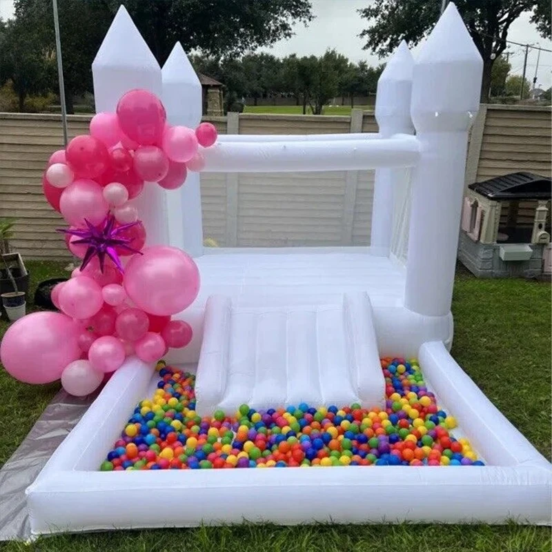 Castelo inflável branco com ventilador, trampolim, bola deslizante, piscina, festa de casamento, parque, aluguel de eventos, brinquedo infantil, casa de salto