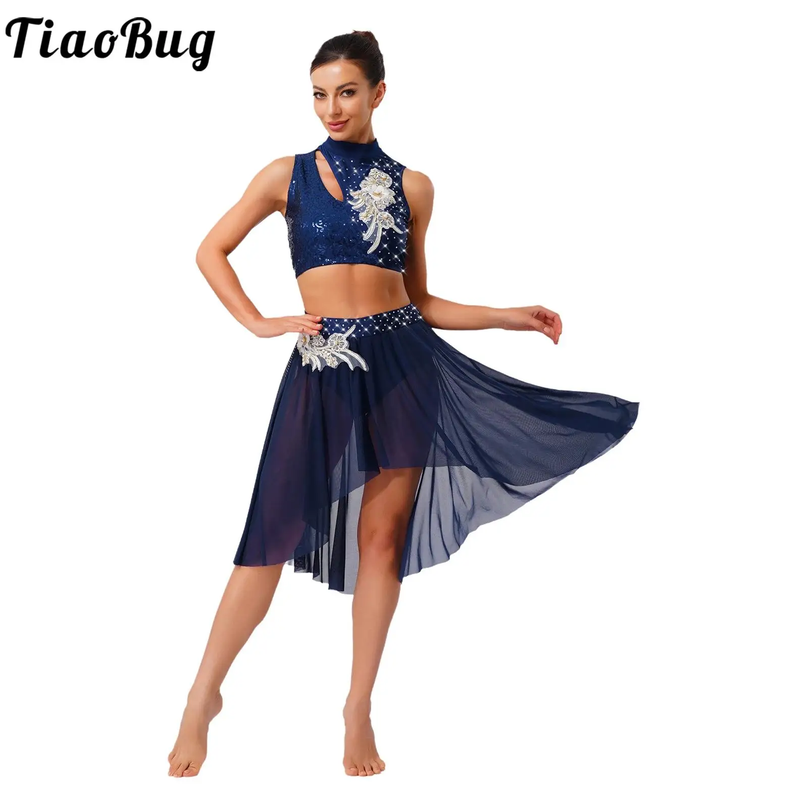 

Women Dance Outfits for Figure Skating Lyrical Modern Dance Costumes Sleeveless Crop Top And Mesh Briefs Skirt Sets Dancewear