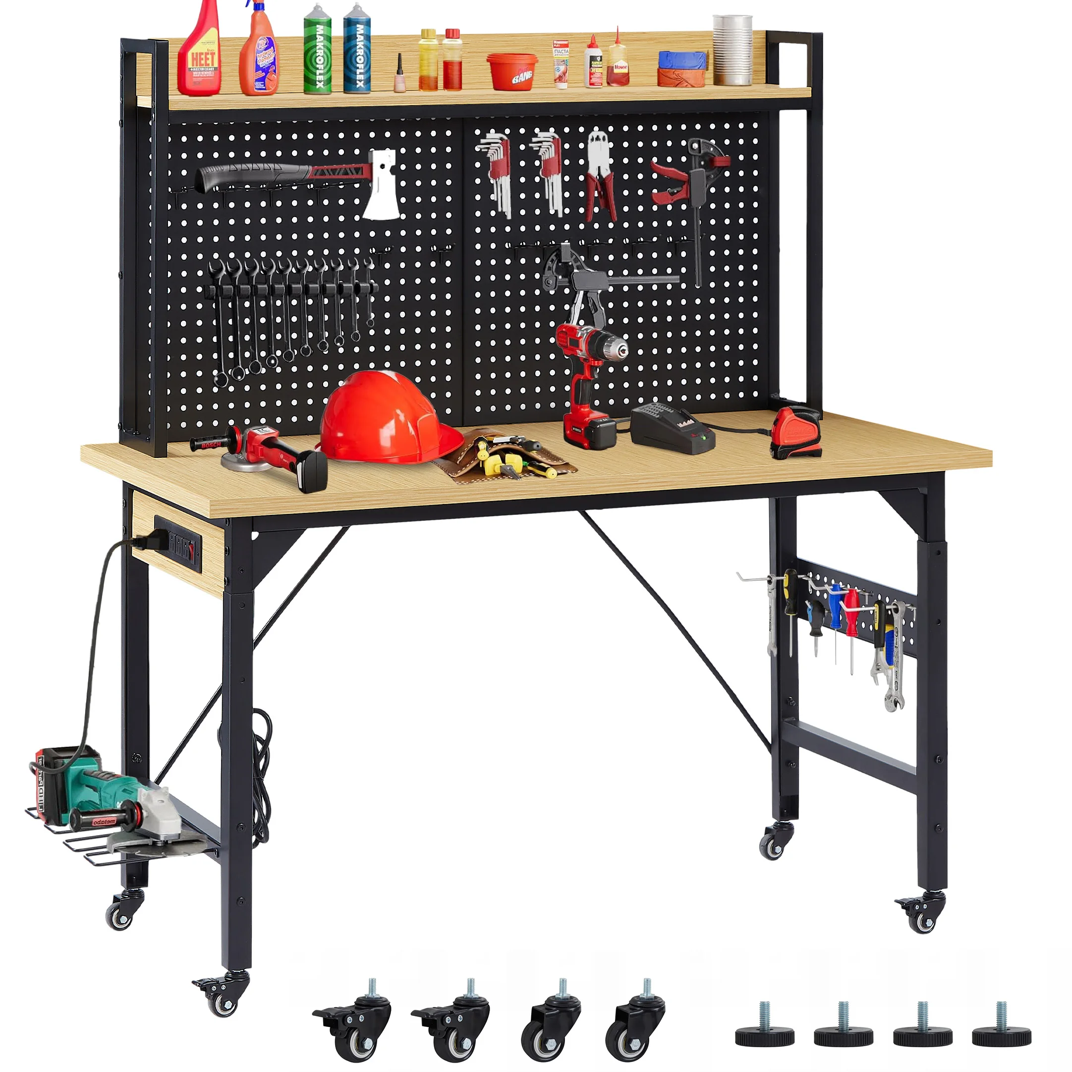 Banc de travail réglable de 48 pouces avec mur perforé, banc de travail robuste en bois avec roulettes, crochet, étagère pour garage, atelier, bureau, maison