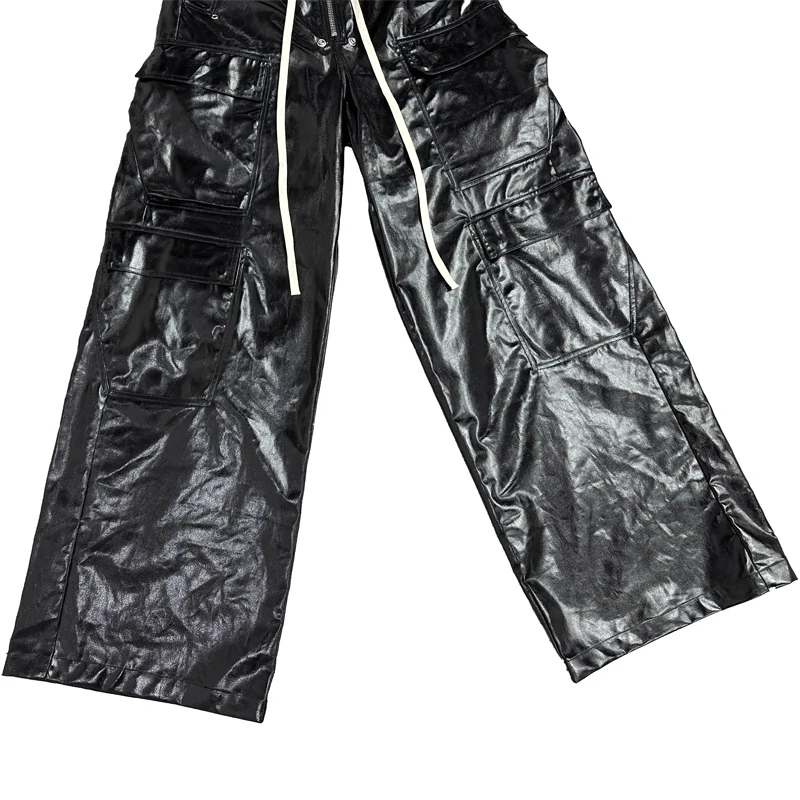 High Street Men's Casual Pants Coating Wax Surface Design Cargo Pants Techwear Full Length Pockets Pants for Men