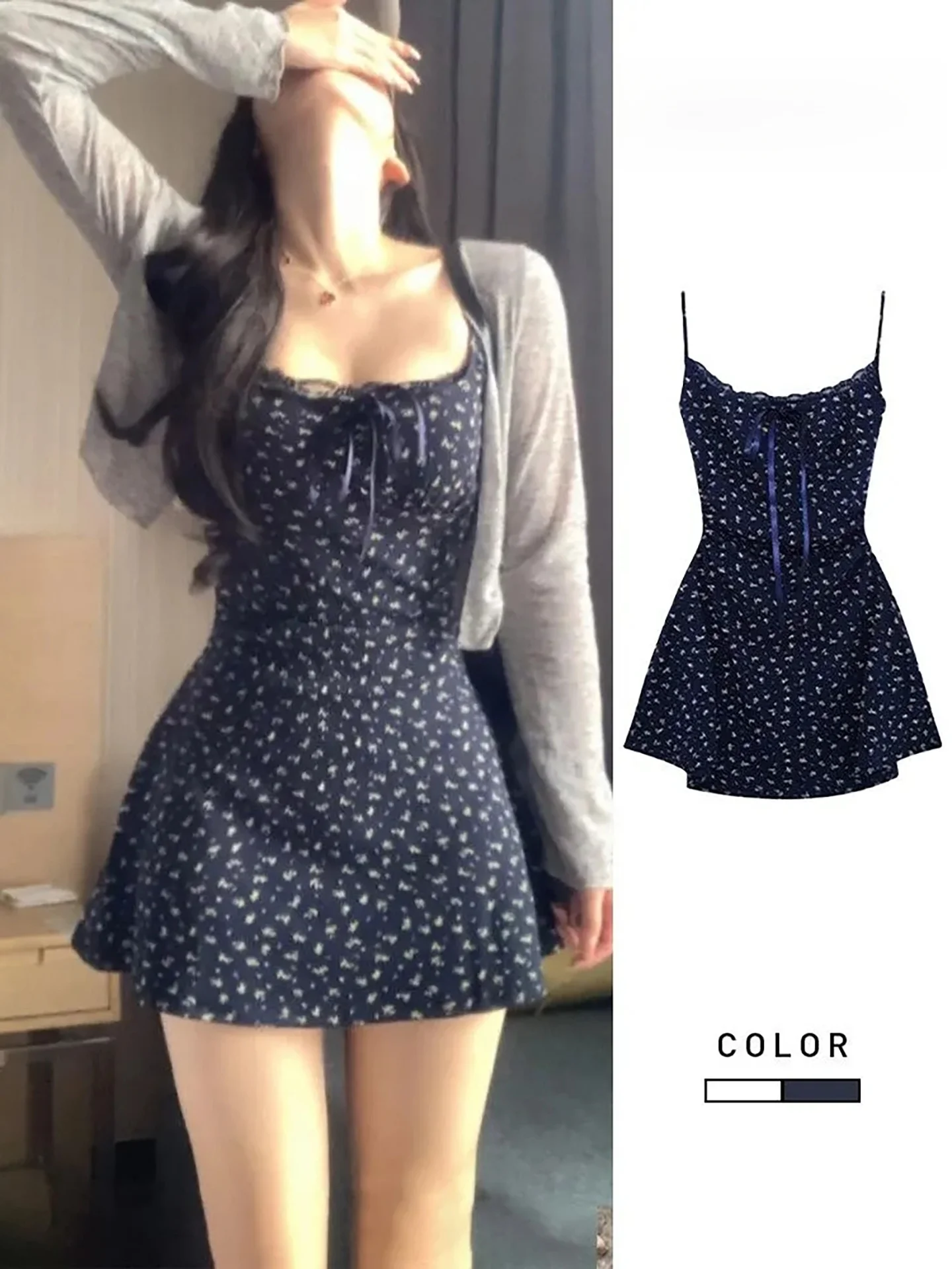 

Women's Summer New Style Grey Knitted Open Cardigan Inner Sweet Flower Print Short Skirt Set High Elasticity Sun Protection F...
