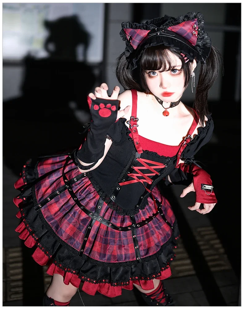 Originale Lolita Y2k Subculture Lo Princess Dress Hot Girl Black and Red Patchwork Cool Top e gonna Set vestiti Cosplay abiti