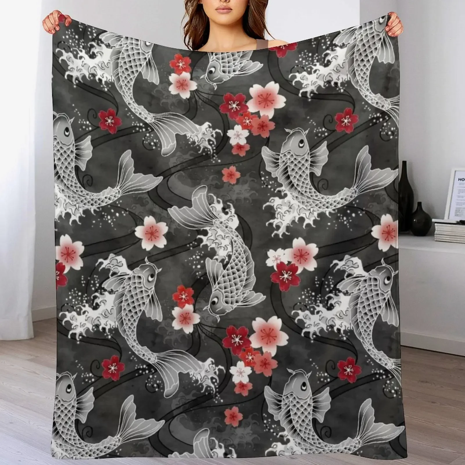 Koi sakura blossom in black Throw Blanket Ultra Plush Cozy Blanket for Napping Sleeping