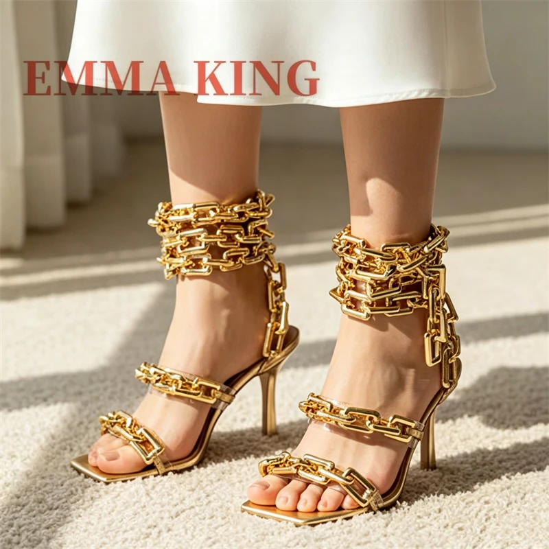 

Luxury Women's Gold Link Chain Sandals,Clear PVC Strappy Stiletto Sandals,Square Toe Metal Chain Lace-up Mules Sandals,36-46