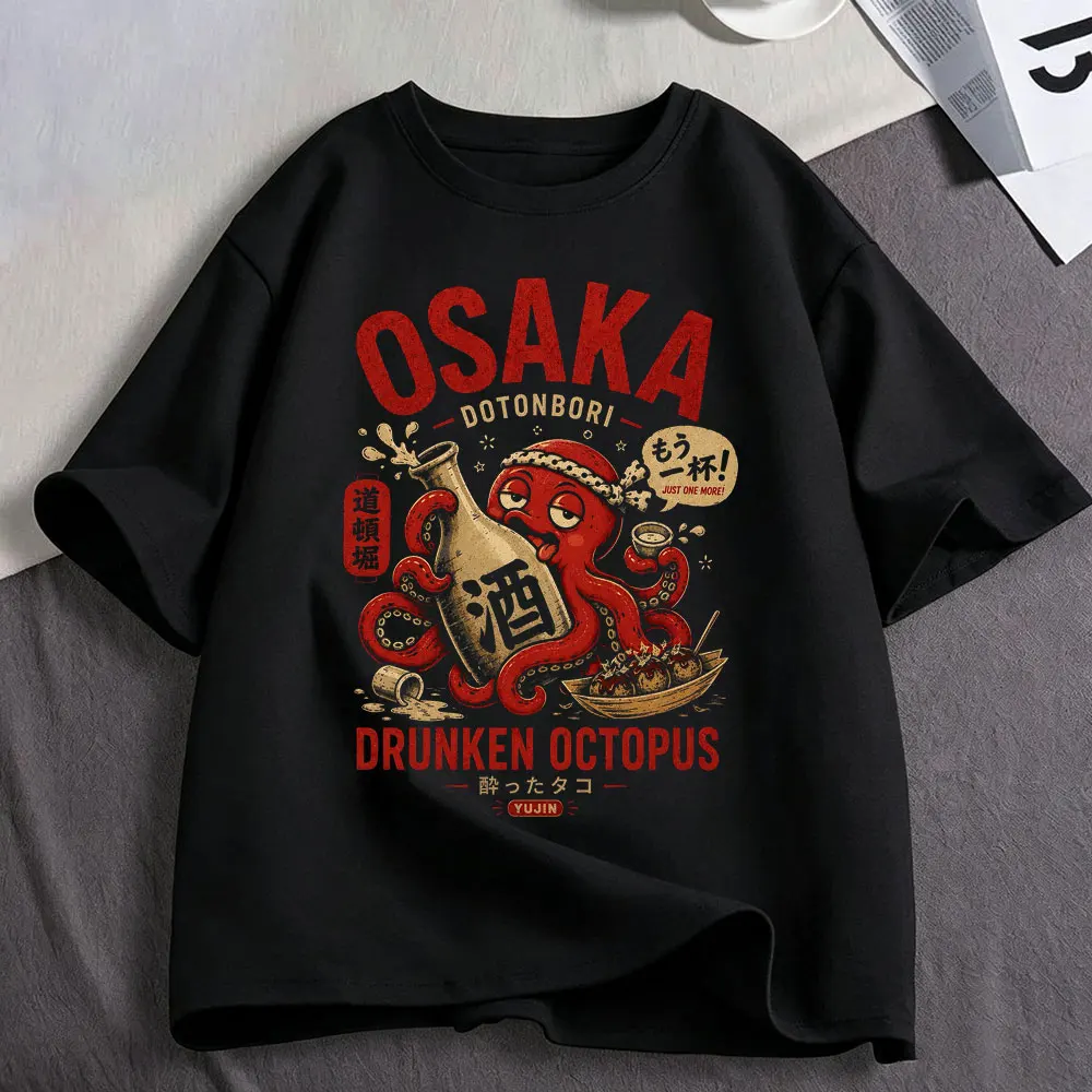 Osaka Dotonbori Drunken Octopus Graphic T Shirts Japanese Style Street Food Lover T-shirts Cotton Casual Short Sleeve Tee Shirt