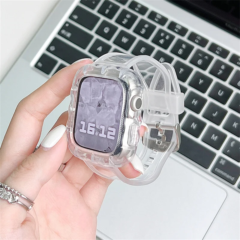 Band + Case Transparent For Apple Watch 8 7 6 SE 5 4 3 Transparent Silicone Strap For iWatch Strap 40mm 44mm 42mm 41mm 45mm