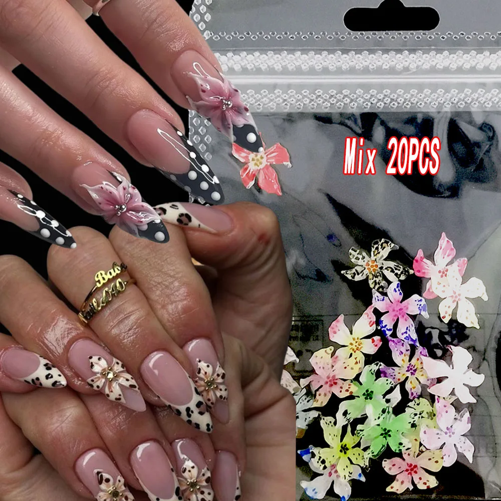20 teile/beutel 3D Gepunktete Acryl Blume Nail art Charms Gemischte Gradienten Flache Rückseite Harz Lilie Nagel Dekorative Gefälschte Blume DIY Nagel teil