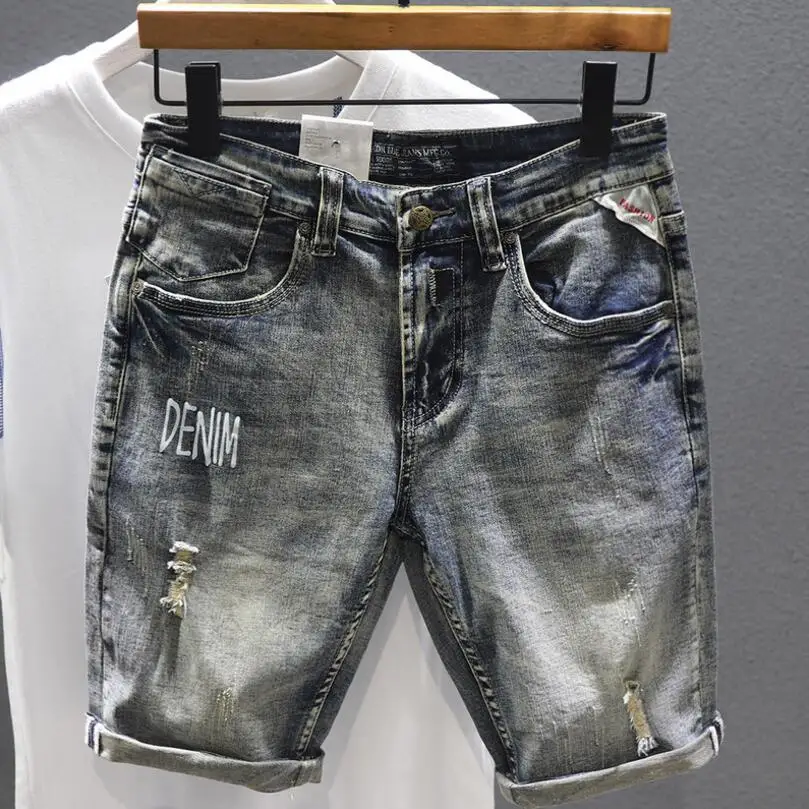 Men Gray Denim Shorts Holes Jeans Elastic Casual Shorts High Quality Male Stretch Cotton Denim Jeans Shorts Knee Length Jeans