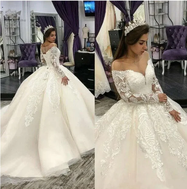 

Luxury New Prom Dress Bridal Sweep Train Lace Applique Transparent Neck Custom long sleeve Castle Church Vestido De Novia