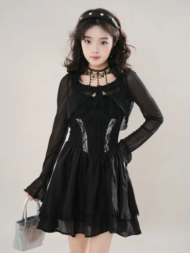 

Summer Women Y2k Style Slim Camisole Dress Ruffles Collar Thin Short Cardigan Two Pieces Set Lace Spliced A-line Pleated Dress