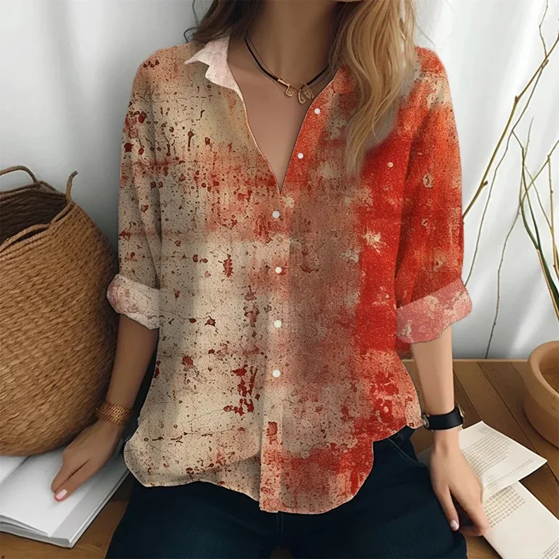 Fashionable Women's Long Sleeved Shirt 2024 Autumn New Item Lapel Art Painting Elegant 3D Digital Printing Loose Casual Blouse