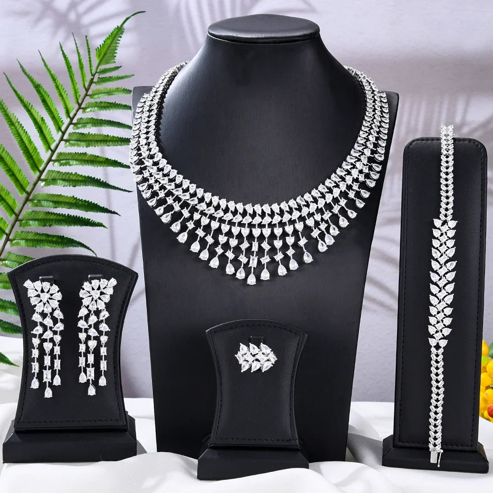 Trendy 4PCS Luxury Turquoise Statement Jewelry Sets For Women Wedding Cubic Zircon Indian African Dubai Bridal Necklace