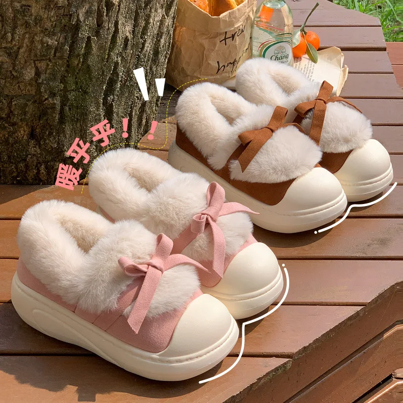 New furry shoes winter loafers women bow fur slippers woman winter slip on shoes ladies thick EVA slipper fluffy moccasins shoes